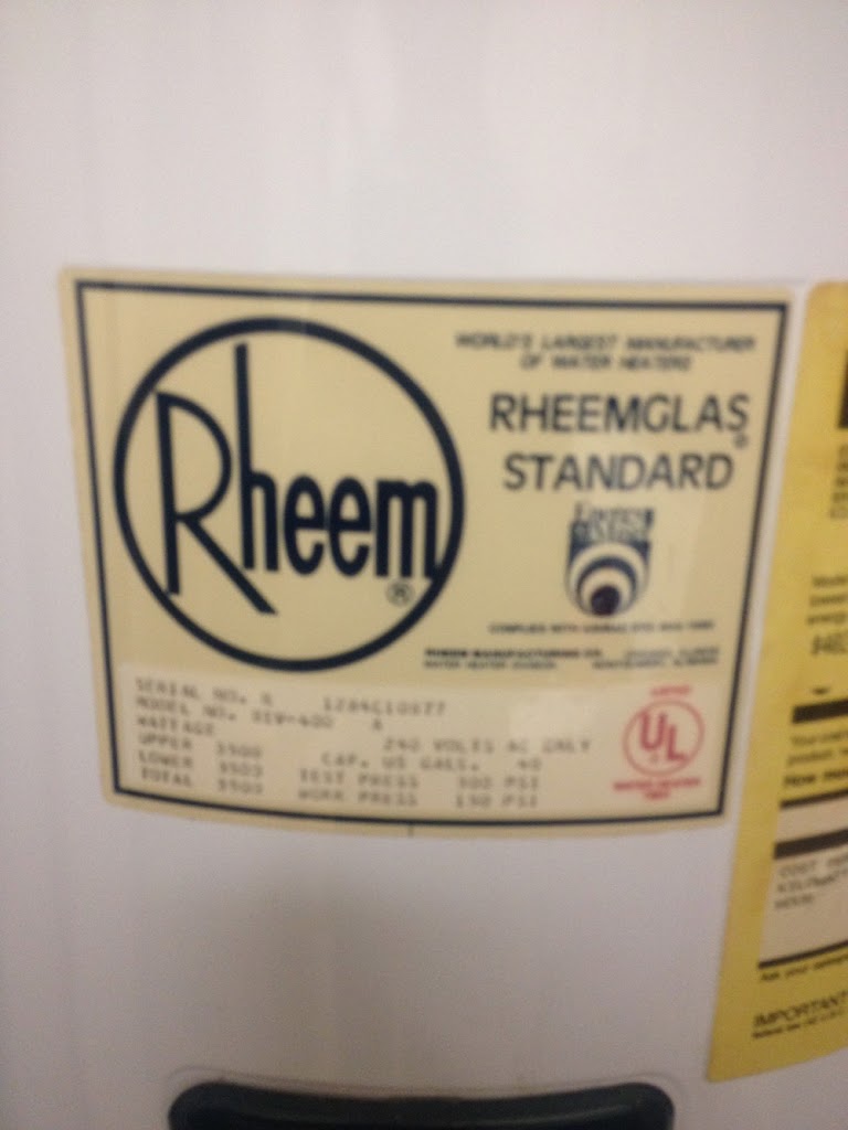 Rheem replacement water heater installation photographed by Water Heating Experts in 2017