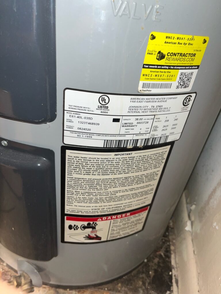 American water heater rating plate with model and serial numbers