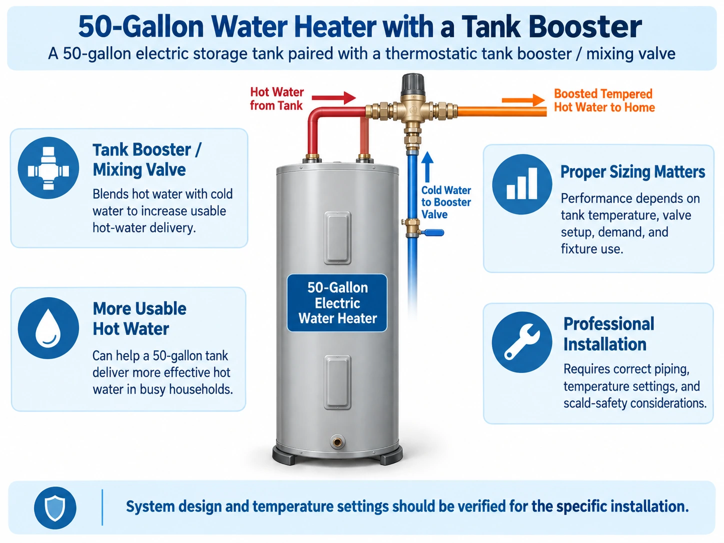 Conceptual illustration of a 50-gallon electric water heater with a thermostatic tank mixing valve that blends hot and cold water