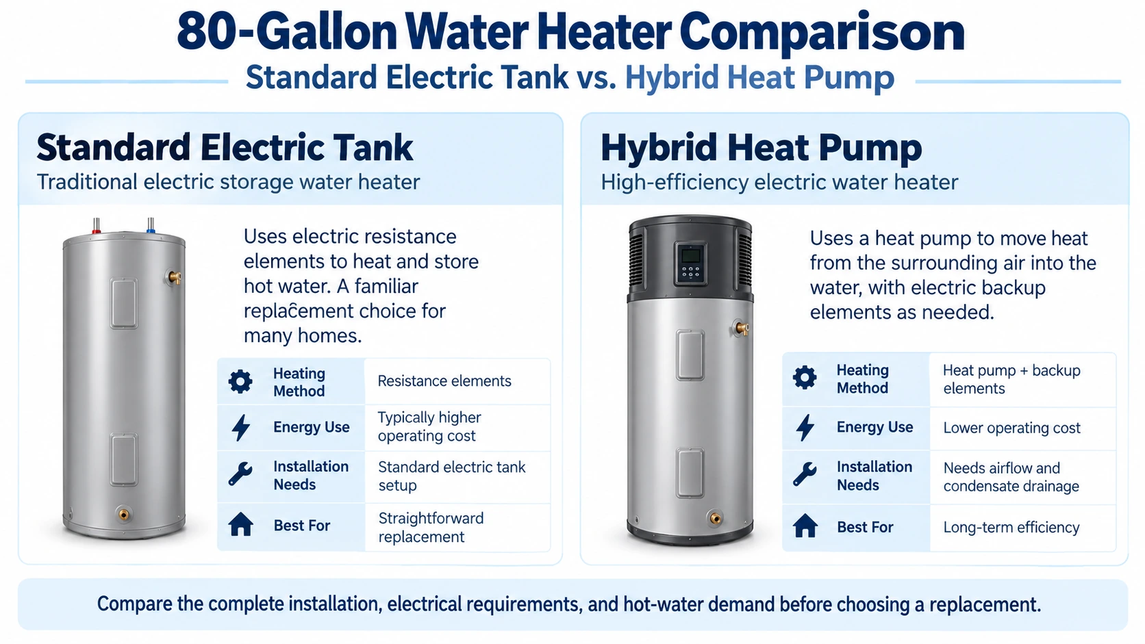 Side-by-side comparison of standard electric and hybrid heat-pump water heaters, including efficiency and installation considerations