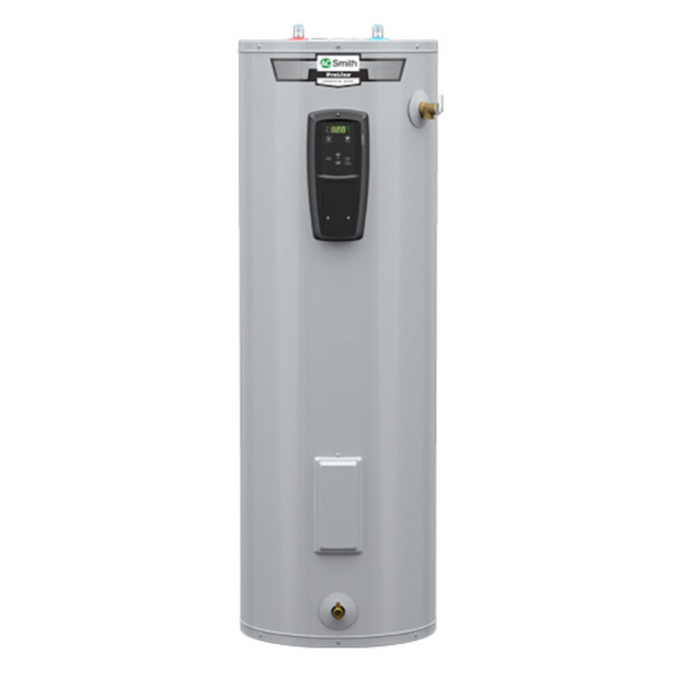 A.O. Smith EETU-50 grid-capable tall electric water heater with a front digital control panel