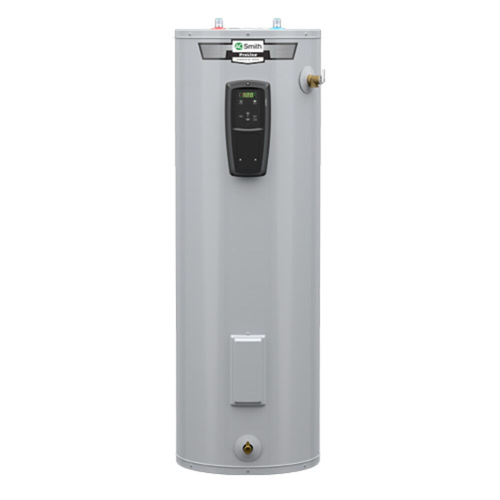 A.O. Smith EETU-50 grid-capable tall electric water heater with a front digital control panel