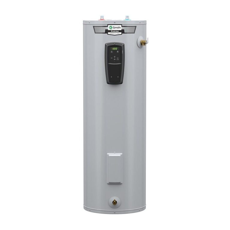 A.O. Smith ProLine grid-capable tall electric water heater with electronic controls, shown for EETU-55 100