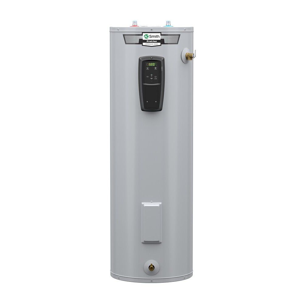 A.O. Smith ProLine grid-capable tall electric water heater with electronic controls, shown for EETU-55 100