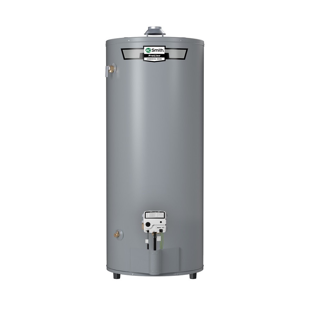 A.O. Smith ProLine high-recovery atmospheric-vent gas storage water heater, shared manufacturer-series photograph for FCG-75 and FCG-100 natural gas and propane models