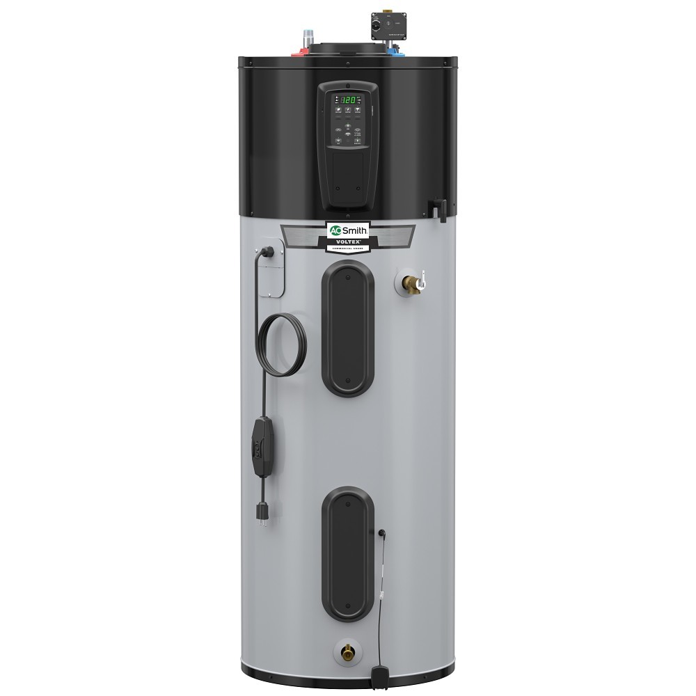A.O. Smith Voltex 120V plug-in hybrid heat-pump water heater, manufacturer series image used for HPTV-50, HPTV-66, and HPTV-80 models
