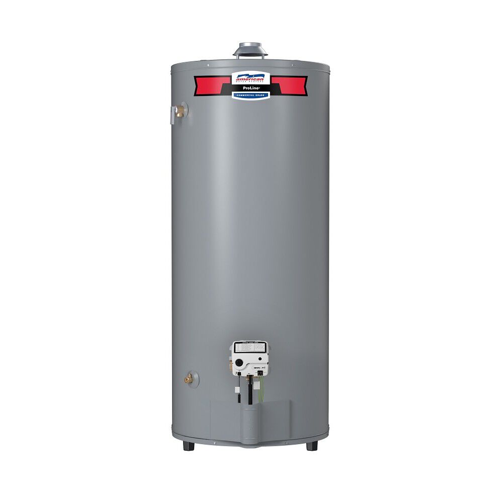 American ProLine high-capacity atmospheric-vent gas water heater, representative manufacturer series image; connections vary by model