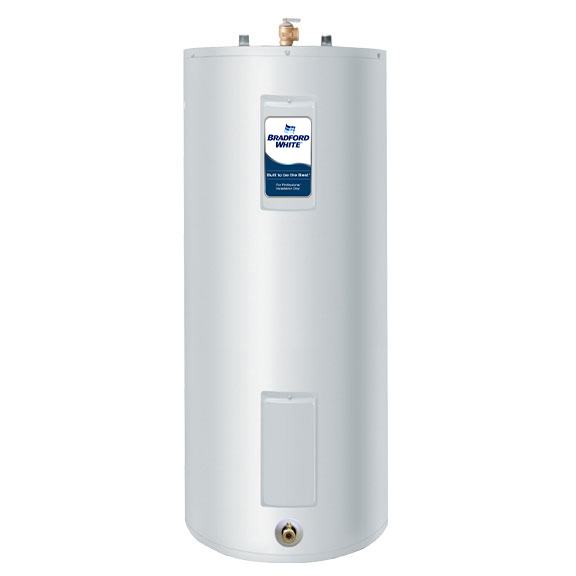 Bradford White upright electric water heater, official representative family image; model dimensions and blanket configuration vary