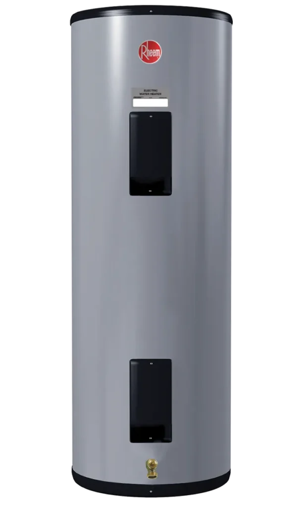 Rheem Light Service ELD-D commercial electric water heater with gray tank, two black element access covers and brass drain valve