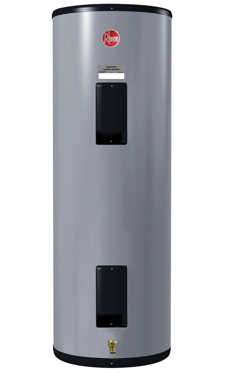 Rheem Light Service ELD-D commercial electric water heater with gray tank, two black element access covers and brass drain valve