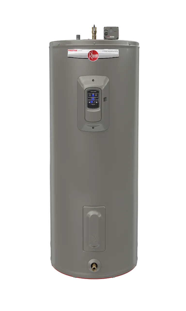 Rheem Professional Prestige smart electric water heater with EcoNet controls and LeakGuard automatic water shutoff; manufacturer series image