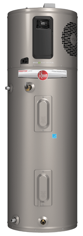 Rheem ProTerra RH375 hybrid heat pump water heater with upper digital control and fan grille, side water connections and lower drain valve