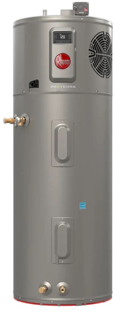 Rheem Professional Prestige ProTerra RH400-SO hybrid heat pump water heater with top connections, LeakGuard shutoff valve and leak detection cable