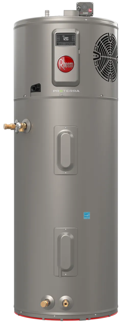 Rheem Professional Prestige ProTerra RH400-SO hybrid heat pump water heater with top connections, LeakGuard shutoff valve and leak detection cable