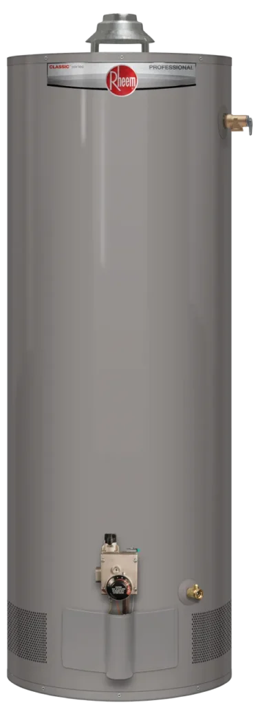 Rheem Professional Classic atmospheric gas storage water heater with draft hood, gas control and side relief valve