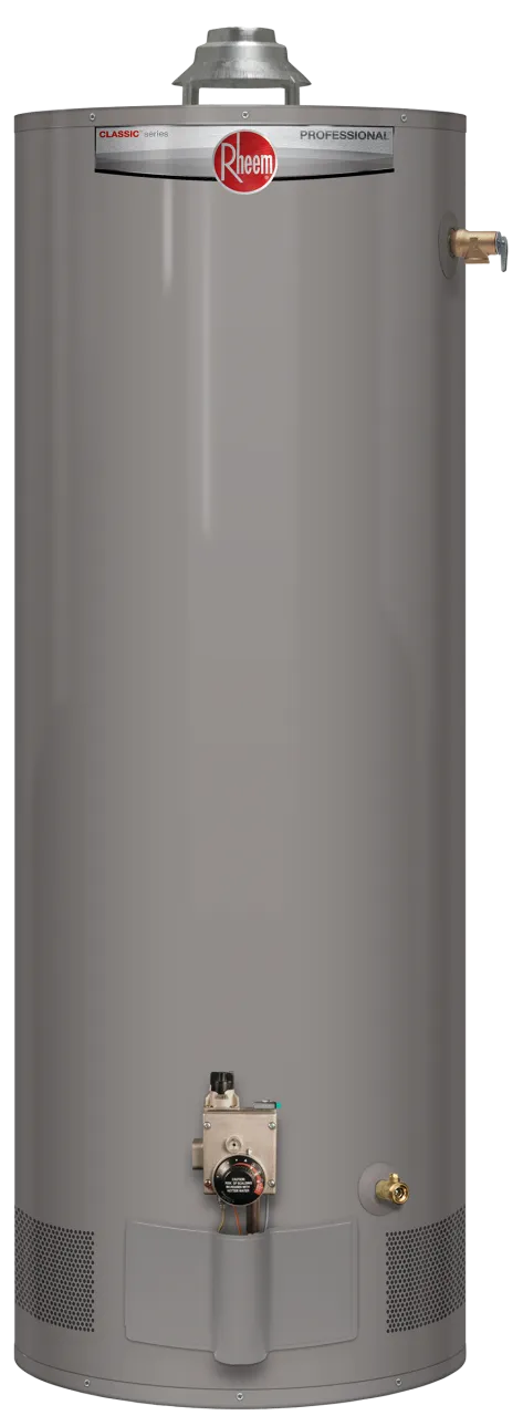 Rheem Professional Classic atmospheric gas storage water heater with draft hood, gas control and side relief valve
