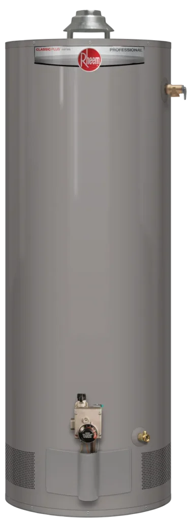 Rheem Professional Classic Plus atmospheric gas water heater with draft hood, front gas control and side relief valve