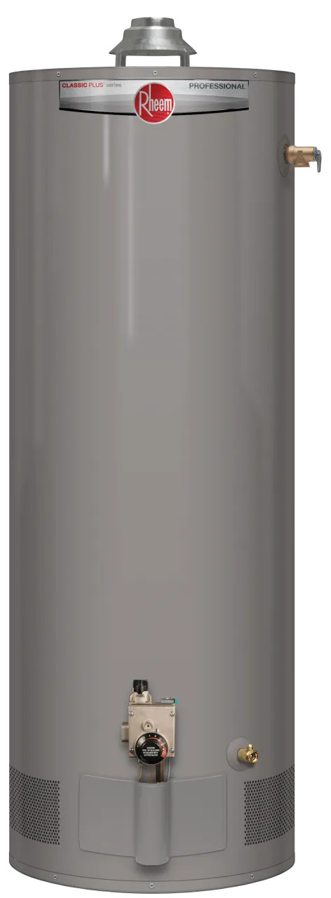 Rheem Professional Classic Plus atmospheric gas water heater with draft hood, front gas control and side relief valve