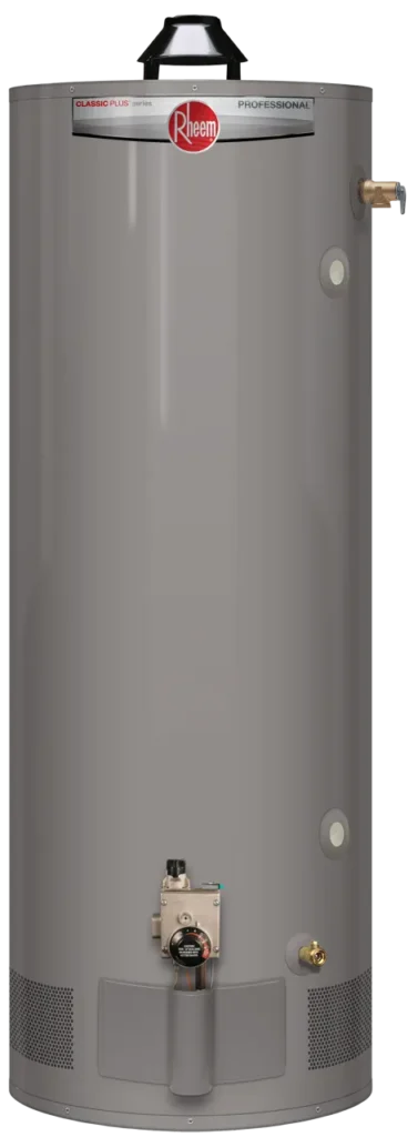 Rheem Professional Classic Plus Heavy Duty gas water heater with draft hood, side water connections and front gas control