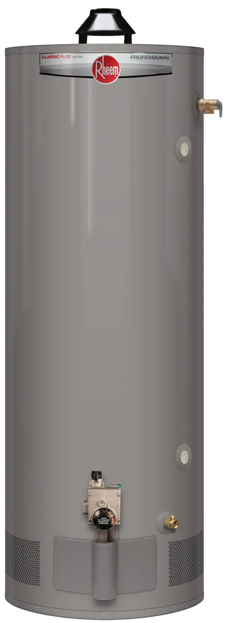 Rheem Professional Classic Plus Heavy Duty gas water heater with draft hood, side water connections and front gas control