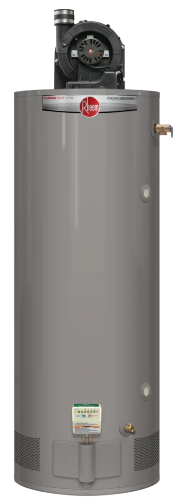 Rheem Professional Classic Plus Heavy Duty power-vent gas water heater with top blower, side water connections and front electronic gas control