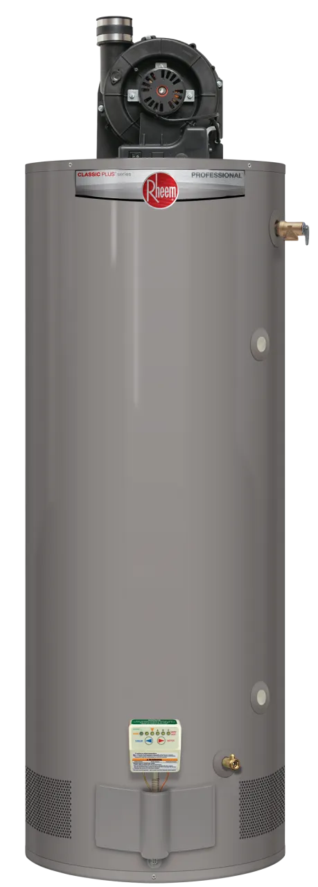 Rheem Professional Classic Plus Heavy Duty power-vent gas water heater with top blower, side water connections and front electronic gas control