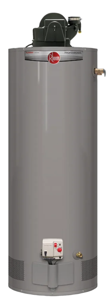 Rheem Professional Classic power-vent gas water heater with top-mounted blower, front gas control and side relief valve
