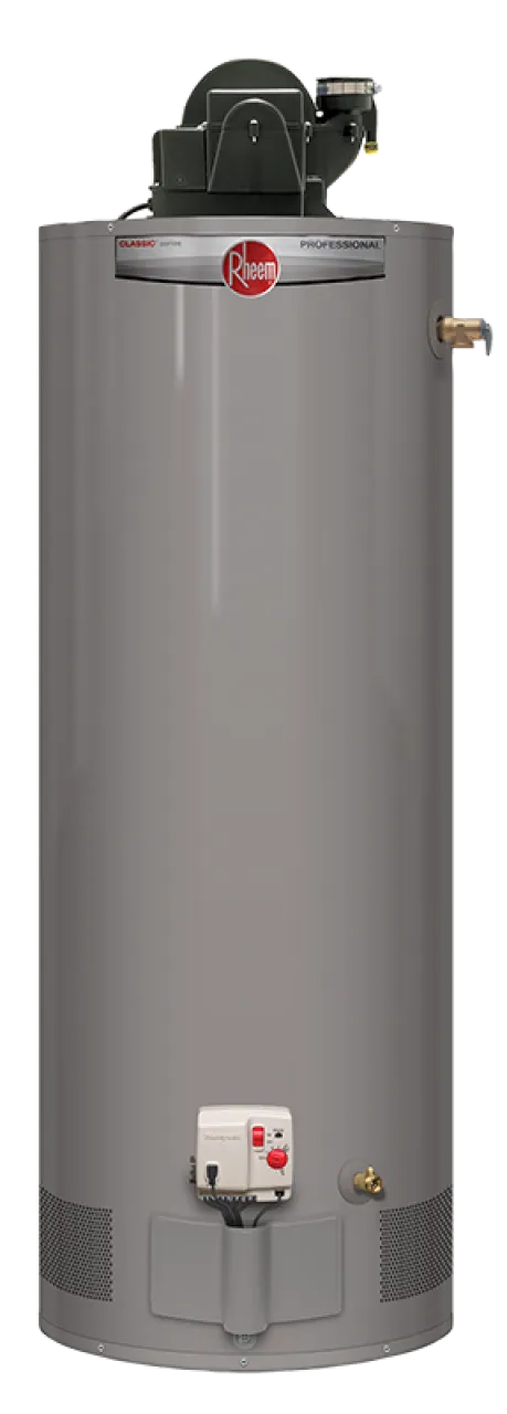 Rheem Professional Classic power-vent gas water heater with top-mounted blower, front gas control and side relief valve