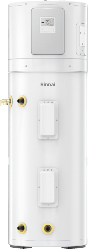 Rinnai REHP series hybrid electric water heater with front controls and side water connections; manufacturer series image