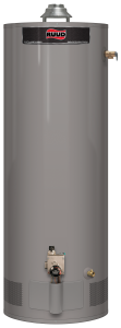 Ruud Professional Achiever tall atmospheric gas water heater with draft hood and side temperature and pressure relief valve