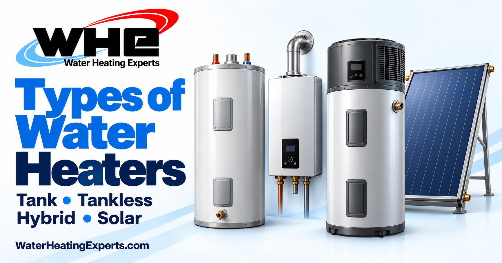 WHE Types of Water Heaters graphic showing illustrated storage tank, tankless, hybrid and solar equipment