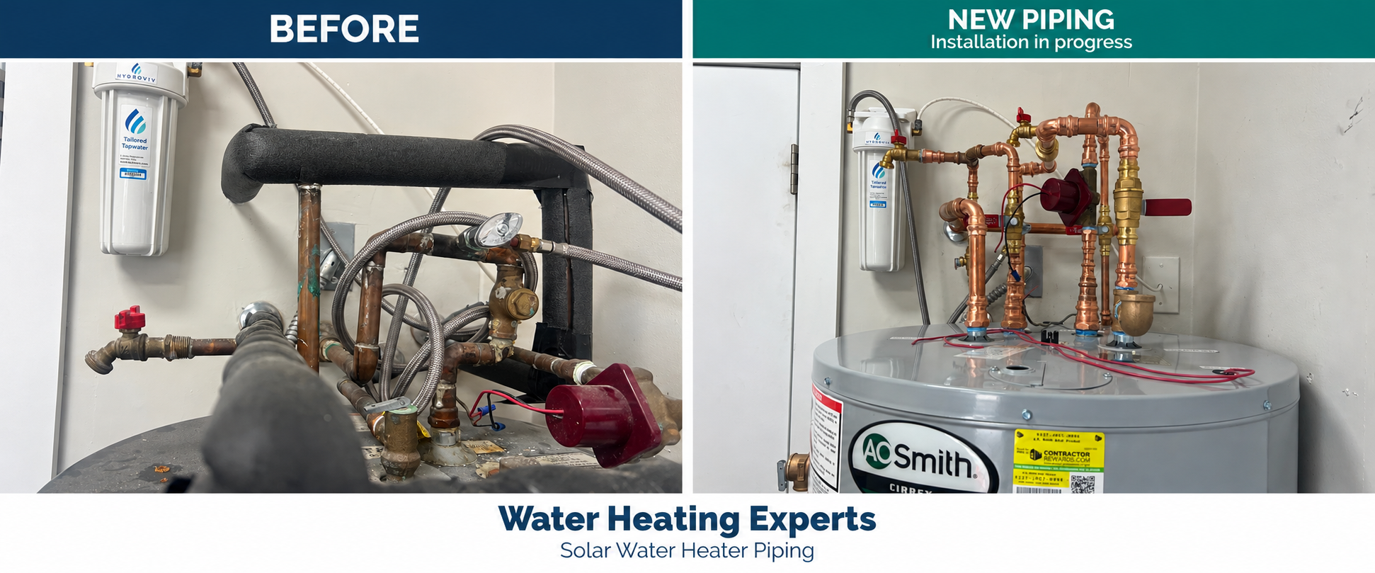 Original solar water heater connections beside new copper piping during the WHE installation, before the expansion tank was fitted.