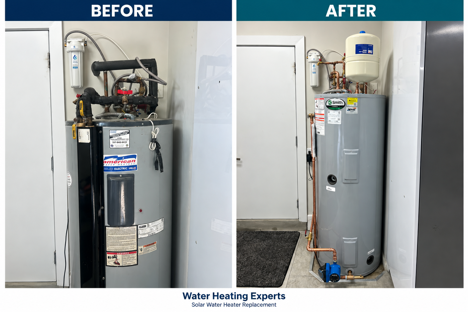 Before and after a WHE solar water heater replacement, showing an older American tank and an A. O. Smith Cirrex tank.