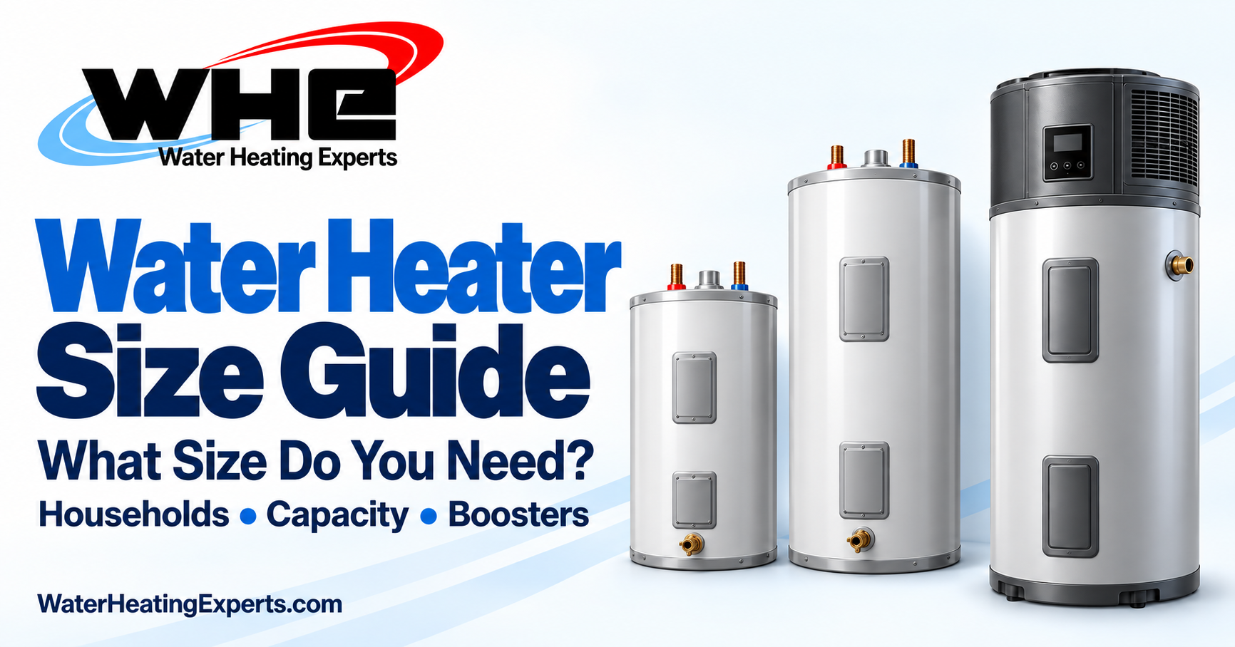 WHE water heater size guide with three illustrated tanks and the question What Size Do You Need?