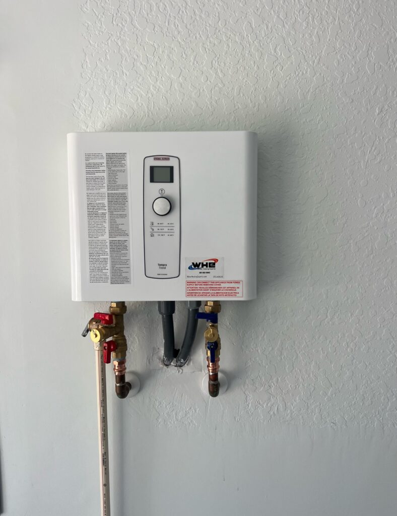 WHE Stiebel Eltron Tempra Trend electric tankless water heater installation with copper piping and service valves